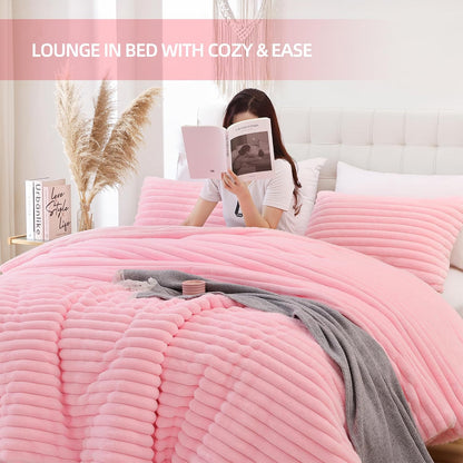 Smoofy Fluffy Queen Size Comforter 3 PCS - Pink Fleece Bedding Set