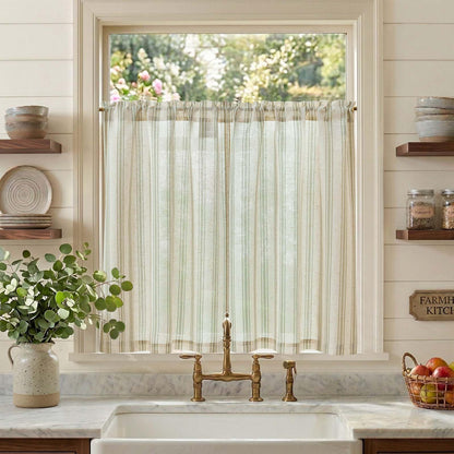 jinchan Linen Striped Tier Curtains for Kitchen Windows Green 26 x 24 inch