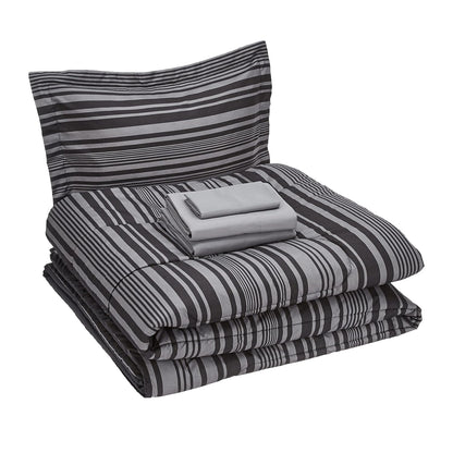 Amazon Basics 5-Piece Lightweight Microfiber Comforter Set with Sheets, Bed-in-a-Bag, Gray Calvin Striped Bedding, Twin/Twin XL