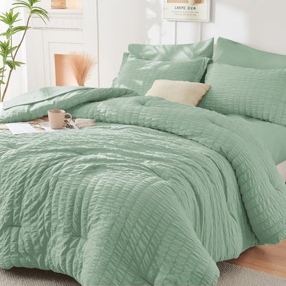 Queen Comforter Set - 7PCS Bed in a Bag, Seersucker Bedding Set, Beige
