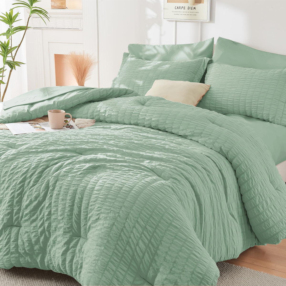 Full Comforter Set - 7PCS Bed in a Bag, Seersucker Bedding Set, Dark Grey