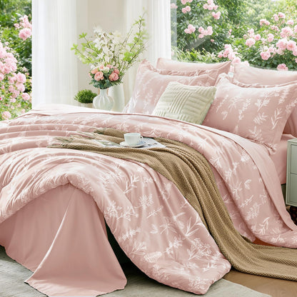 MUXHOMO Queen Comforter Set, 7-Piece Floral Bed in a Bag, Sage Green