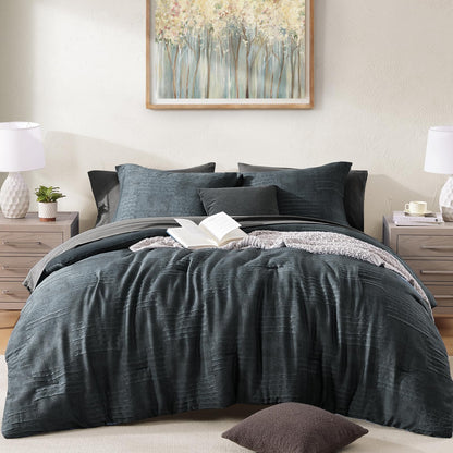 MaiRêve Queen Comforter Set Crinkle Textured Charcoal Grey Bedding 7 Pieces