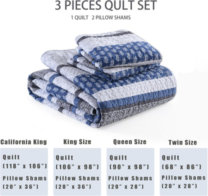 Homzard 100% Cotton Quilt Bedding Set Queen Size Striped Floral Bedspread