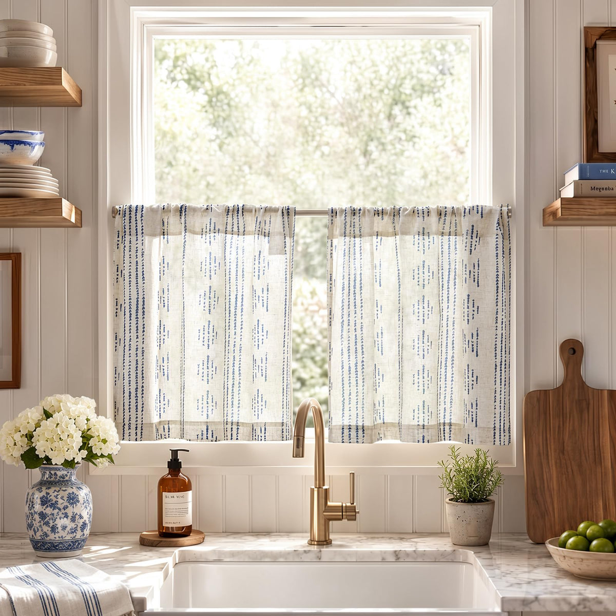 jinchan Linen Striped Tier Curtains for Kitchen Windows Green 26 x 24 inch