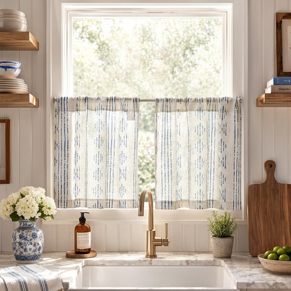 jinchan Linen Striped Tier Curtains for Kitchen Windows Green 26 x 24 inch