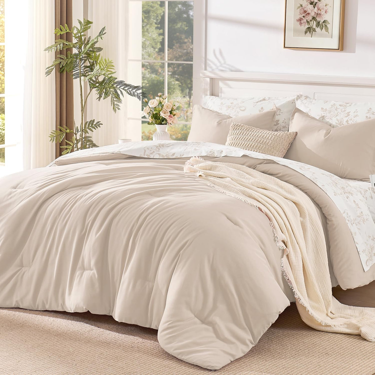 Litanika Floral Queen Comforter Set, 7 Peices Olive Green Bed in a Bag
