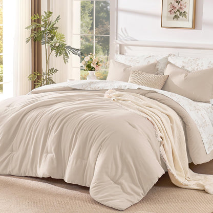 Litanika Floral Queen Comforter Set, 7 Peices Olive Green Bed in a Bag