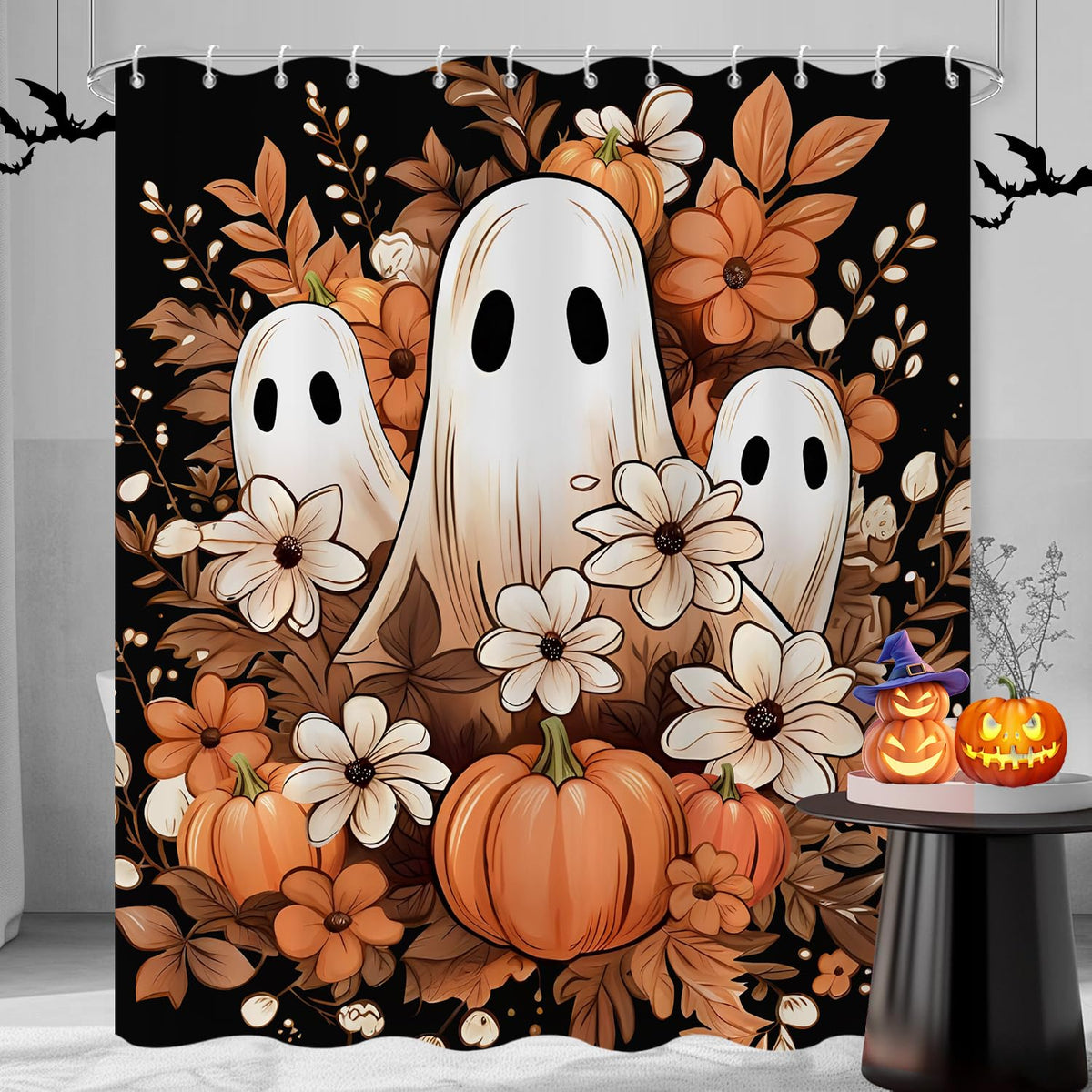 Halloween Shower Curtain, Black and White Funny Ghosts Icons Spooky Cute Halloween Bathroom Curtain Waterproof Fabric Machine Washable with Hooks, 72" Wx72 L