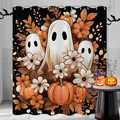 Halloween Shower Curtain, Black and White Funny Ghosts Icons Spooky Cute Halloween Bathroom Curtain Waterproof Fabric Machine Washable with Hooks, 72" Wx72 L