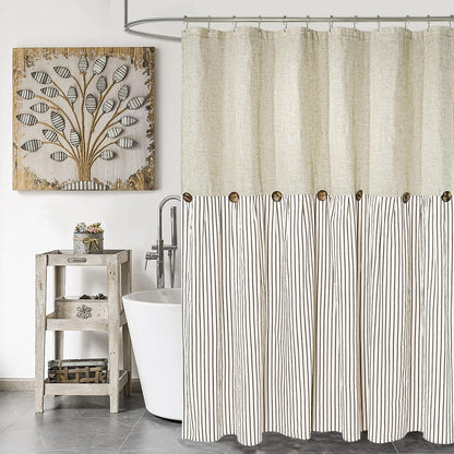 DOSLY IDÉES Farmhouse Shower Curtain,Beige and Gray Stripe,Button Curtain,Linen and Cotton Woven Fabric,Rustic Charm Country Chic Style,72x72 in