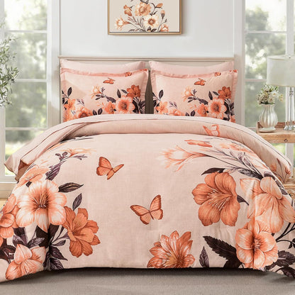 DHSFKBE Floral Comforter Set Queen Size,7 Piece Orange Bed in a Bag, Elegant Flower Pattern Comforter Set with Sheet, Soft Microfiber Complete Bedding Sets for All Season