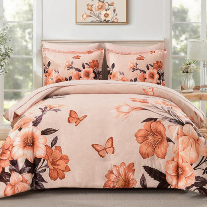 DHSFKBE Floral Comforter Set Queen Size,7 Piece Orange Bed in a Bag, Elegant Flower Pattern Comforter Set with Sheet, Soft Microfiber Complete Bedding Sets for All Season
