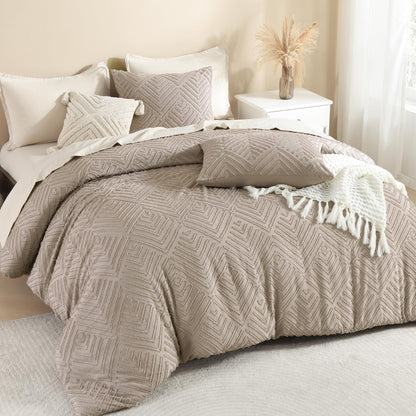 Litanika King Size Comforter Set, 3 Pieces Beige Tufted Boho Bedding Set