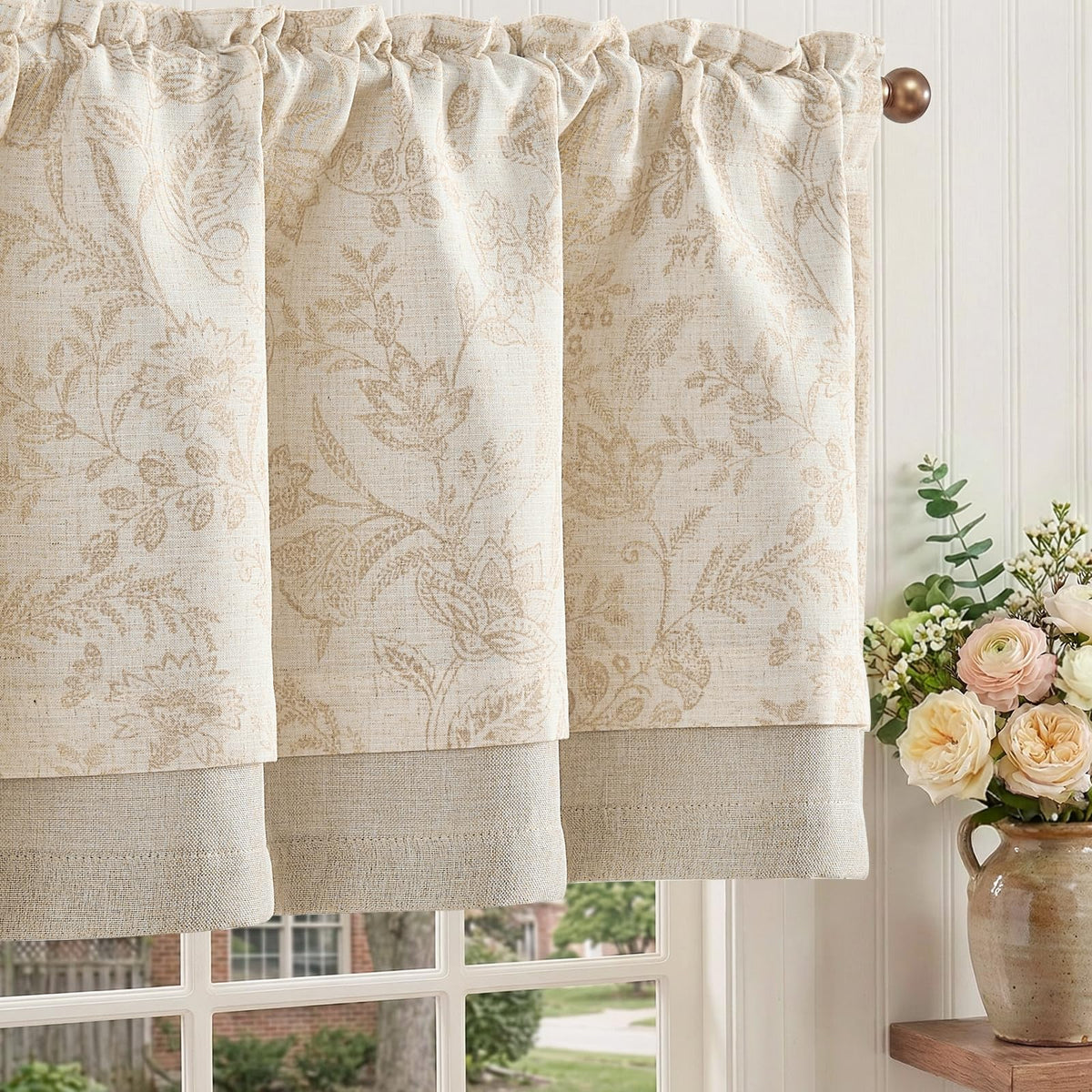 jinchan Linen Valance Curtain Farmhouse 16 Inch 1 Panel Blue on Beige