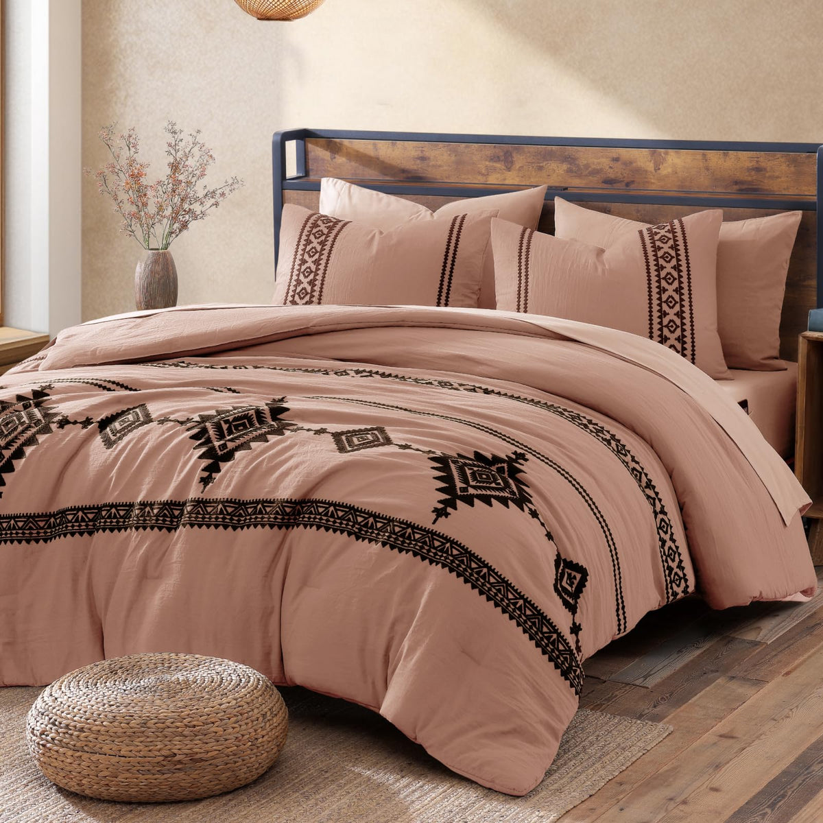MaiRêve Embroidery Queen Comforter Set 7 Pieces Burnt Orange Bed in a Bag