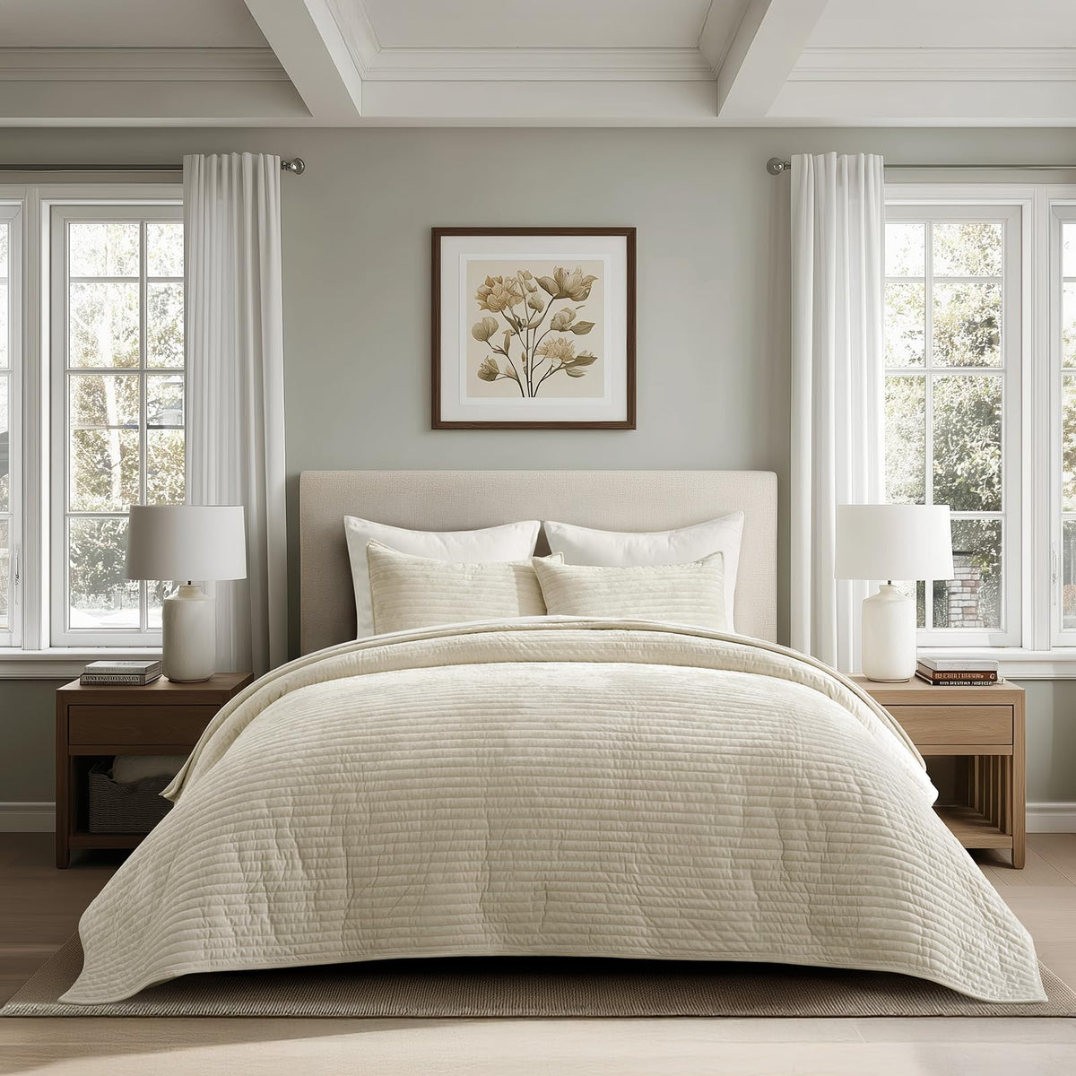 EverGrace Stripe Channel Luxury Velvet Quilt Set King Size, Beige Taupe