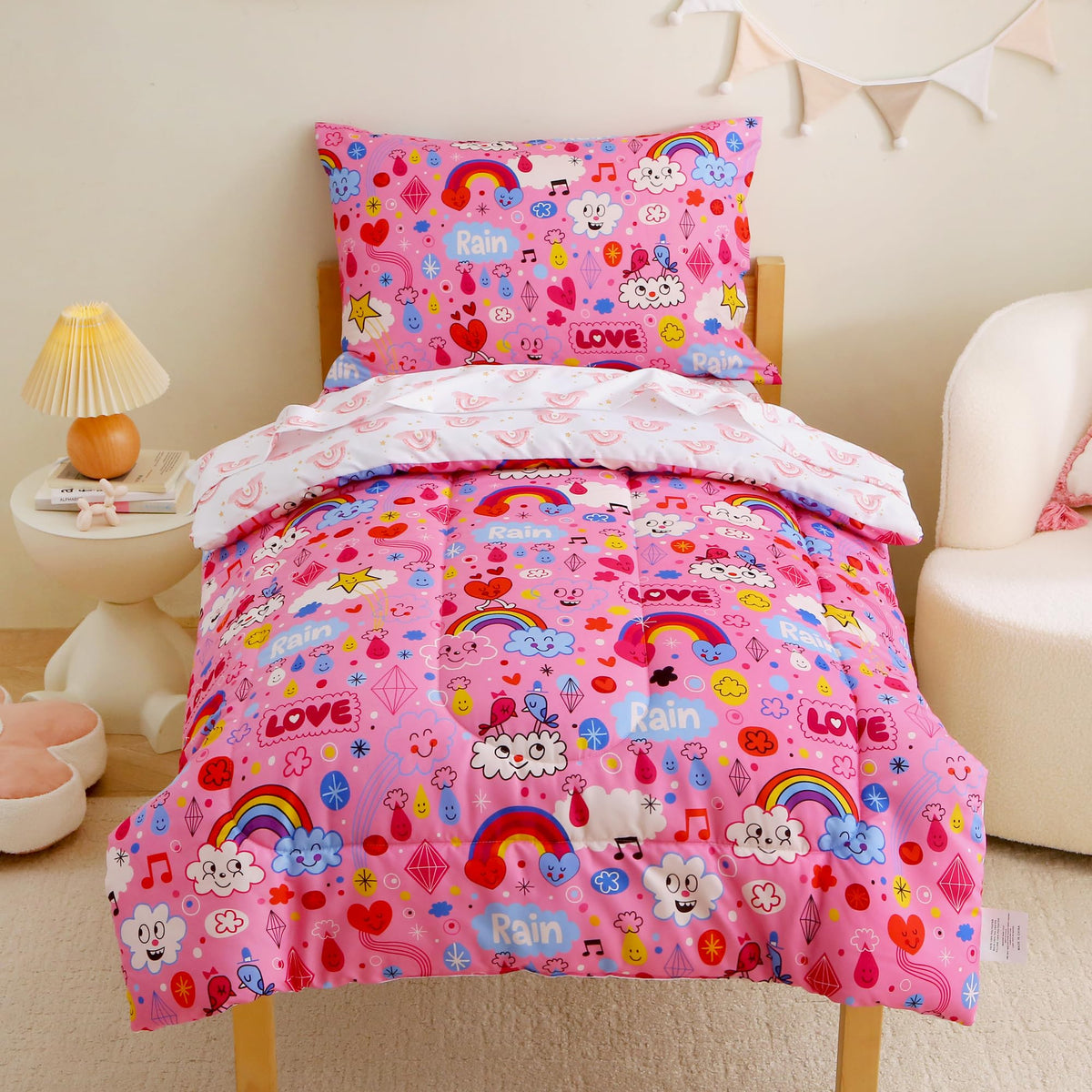Mooreeke Toddler Bedding Sets for Girls,4 Pieces Blue Ocean Animals Printed