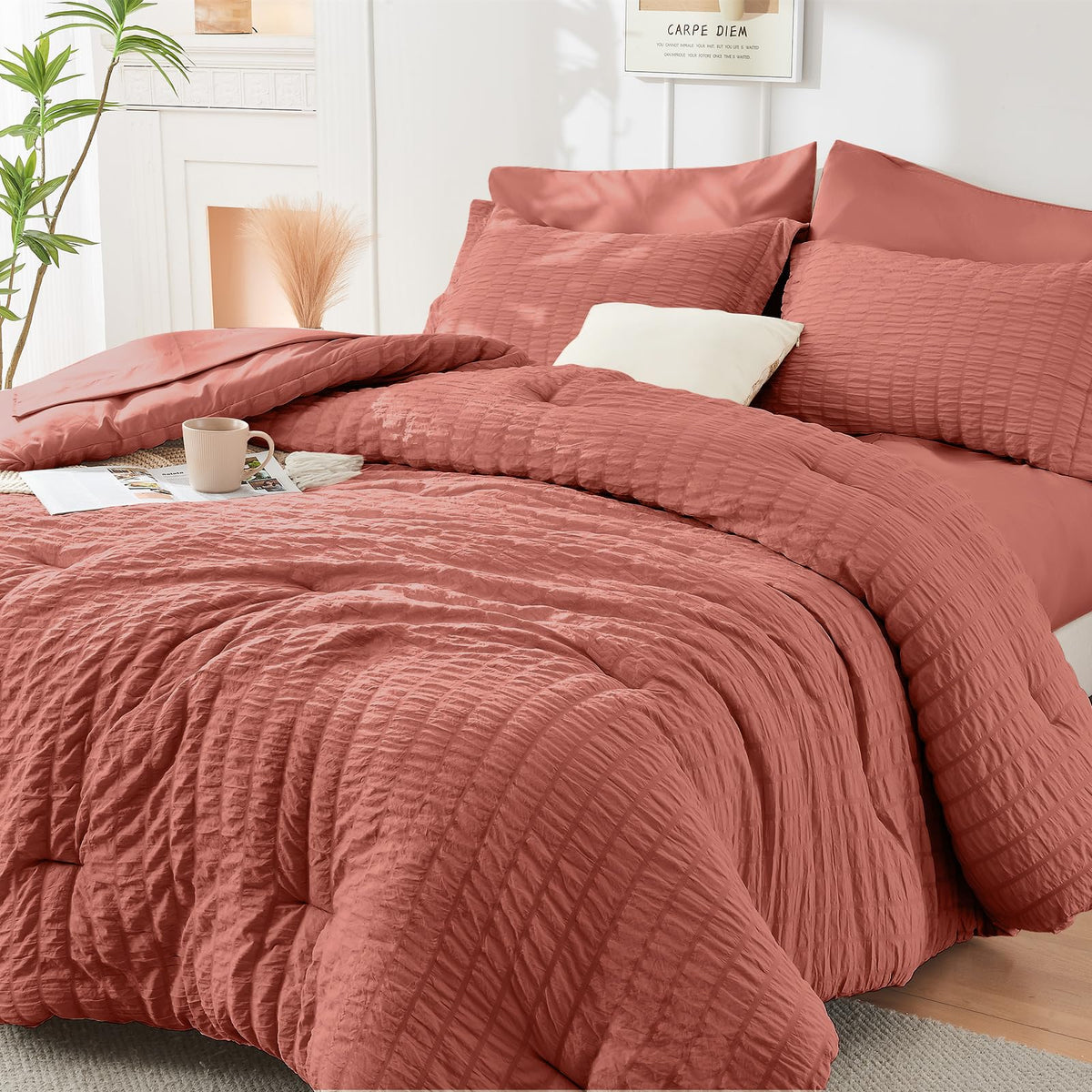 Full Comforter Set - 7PCS Bed in a Bag, Seersucker Bedding Set, Dark Grey
