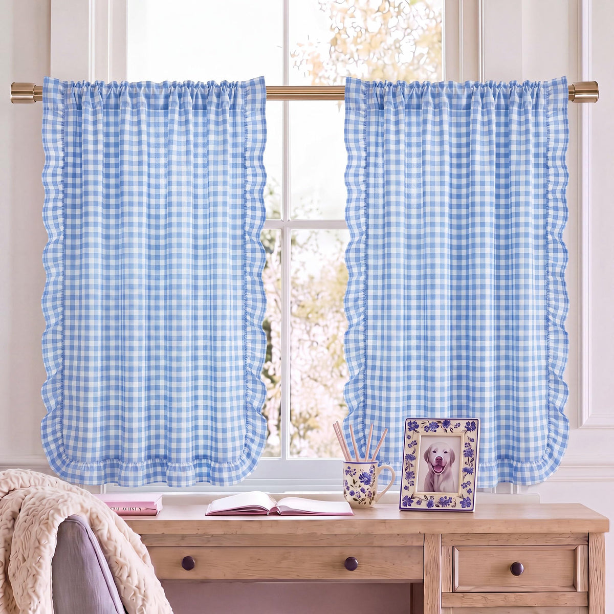 Brown White Gingham Kitchen Curtains 36" Buffalo Plaid Ruffle Cafe Curtains