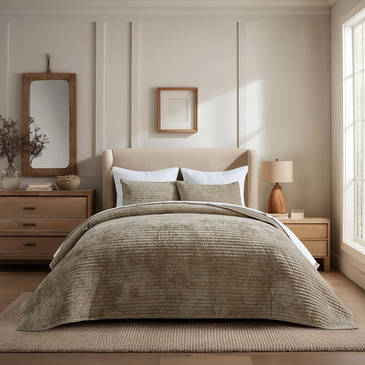 EverGrace Stripe Channel Luxury Velvet Quilt Set King Size, Beige Taupe
