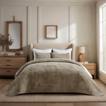 EverGrace Stripe Channel Luxury Velvet Quilt Set King Size, Beige Taupe