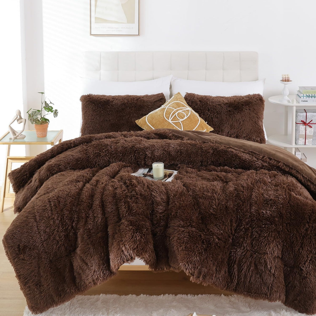 Smoofy Fluffy Queen Comforter Set, Faux Fur Pink Comforter Set 3 Pcs