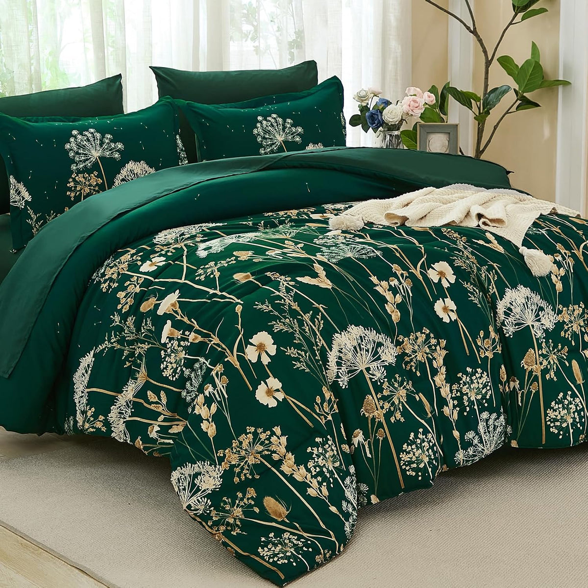 Yiran Queen Comforter Set, 7 Piece Floral Dark Green Dandelion Bed in a Bag