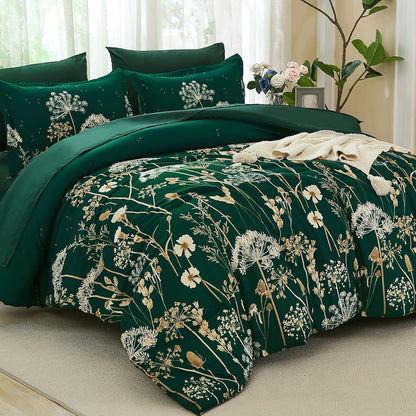Yiran Queen Comforter Set, 7 Piece Floral Dark Green Dandelion Bed in a Bag