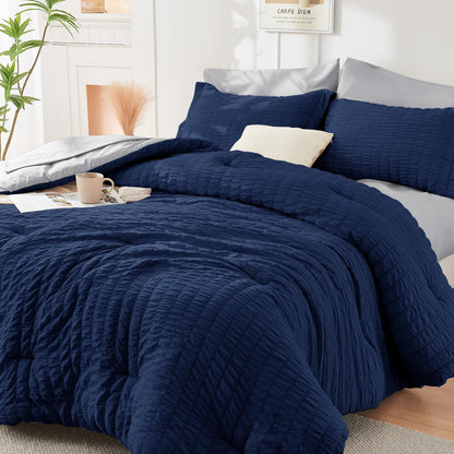 Queen Comforter Set - 7PCS Bed in a Bag, Seersucker Bedding Set, Dark Grey