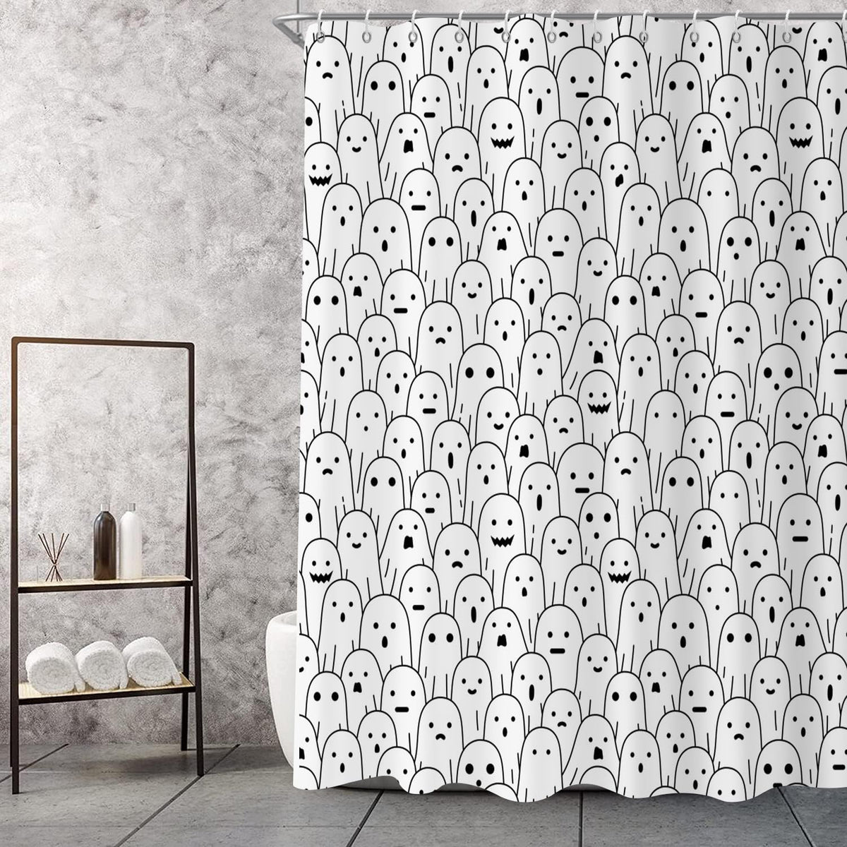 Halloween Shower Curtain, Black and White Funny Ghosts Icons Spooky Cute Halloween Bathroom Curtain Waterproof Fabric Machine Washable with Hooks, 72" Wx72 L
