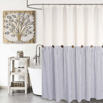 DOSLY IDÉES Farmhouse Shower Curtain,Beige and Gray Stripe,Button Curtain,Linen and Cotton Woven Fabric,Rustic Charm Country Chic Style,72x72 in