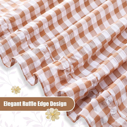 Brown White Gingham Kitchen Curtains 36" Buffalo Plaid Ruffle Cafe Curtains