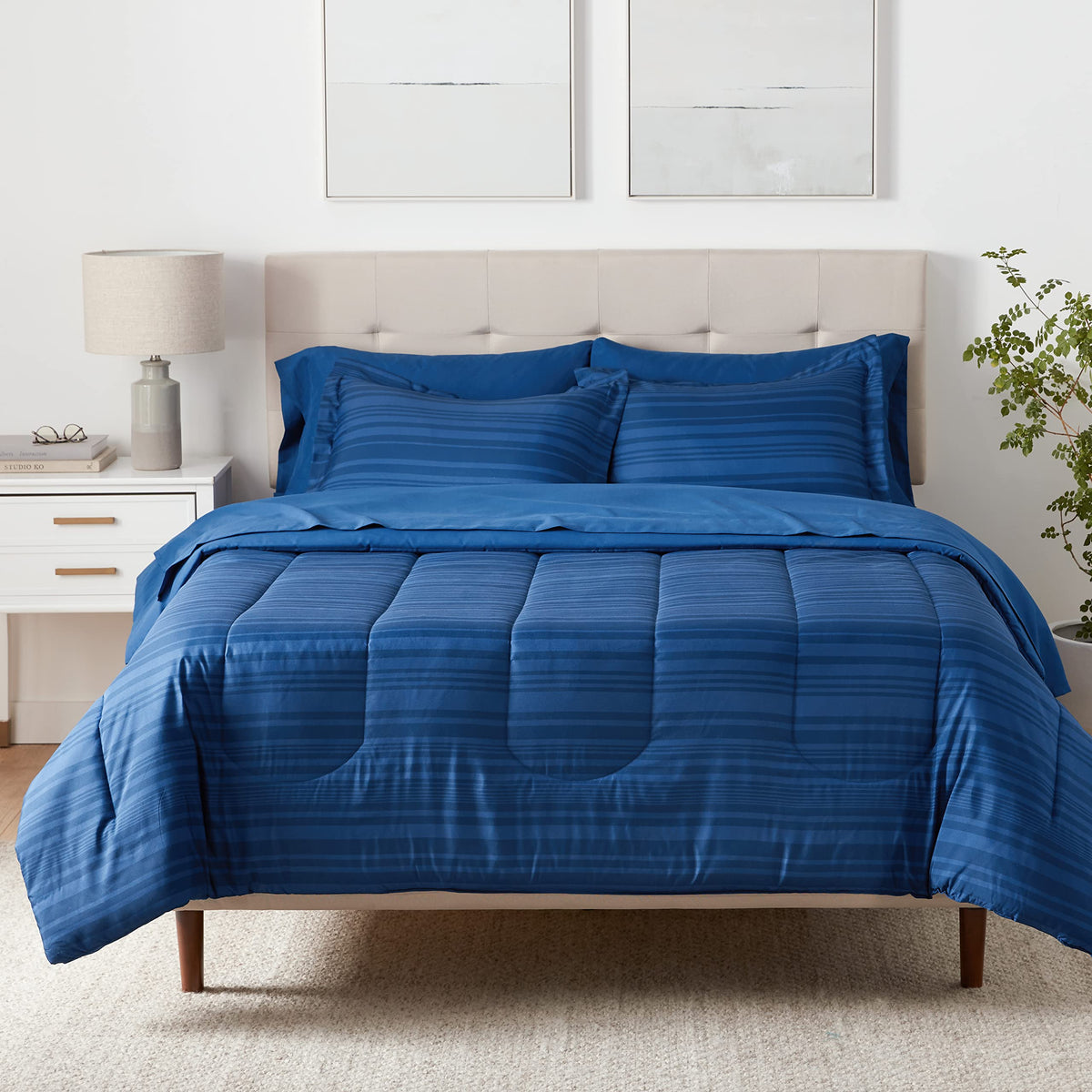 Amazon Basics 5-Piece Lightweight Microfiber Comforter Set with Sheets, Bed-in-a-Bag, Gray Calvin Striped Bedding, Twin/Twin XL