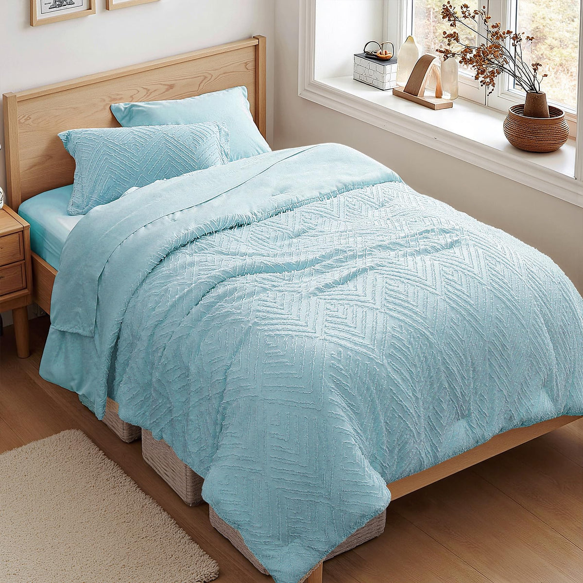 Zzlpp Queen Comforter Set 7 Piece, Beige Bed in a Bag Queen Bedding Sets