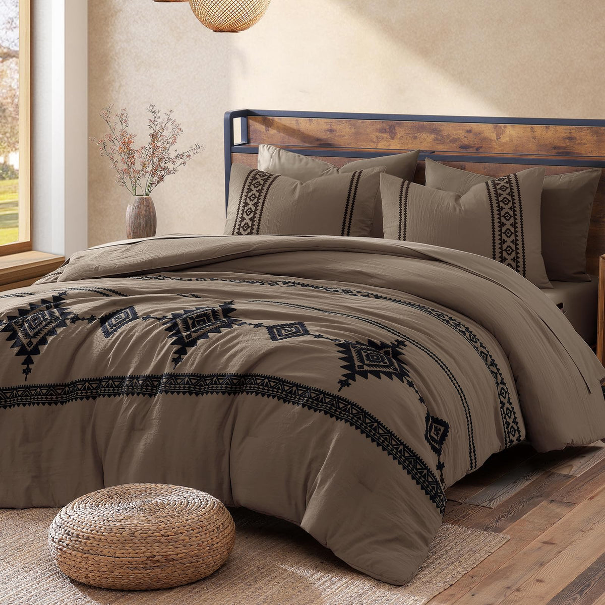 MaiRêve Embroidery Queen Comforter Set 7 Pieces Burnt Orange Bed in a Bag