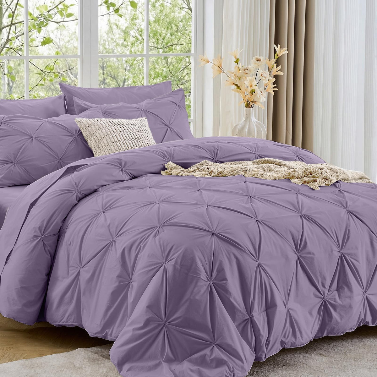 Sasttie Full Size Comforter Set, 7-Piece Bed in a Bag Double, Pintuck Bedding Set for All Season, Includes Comforter, Flat Sheet, Fitted Sheet, Pillowcases and Pillowshams, Beige