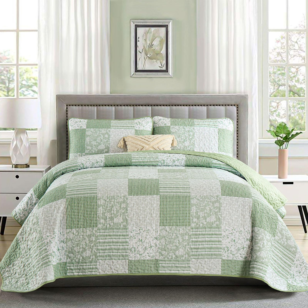 Mybedsoul Boho Quilts Queen Size, Patchwork Floral Bedding Set, Blue