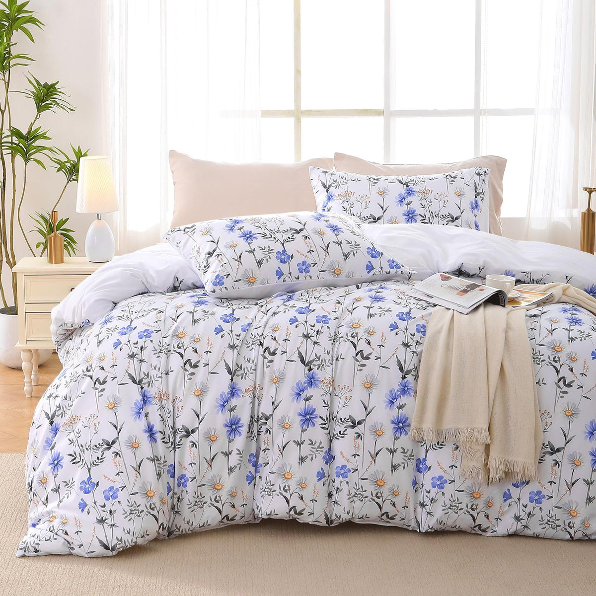 MUXHOMO Duvet Cover King Size, 3-Piece Floral Grey-Blue Bedding Set