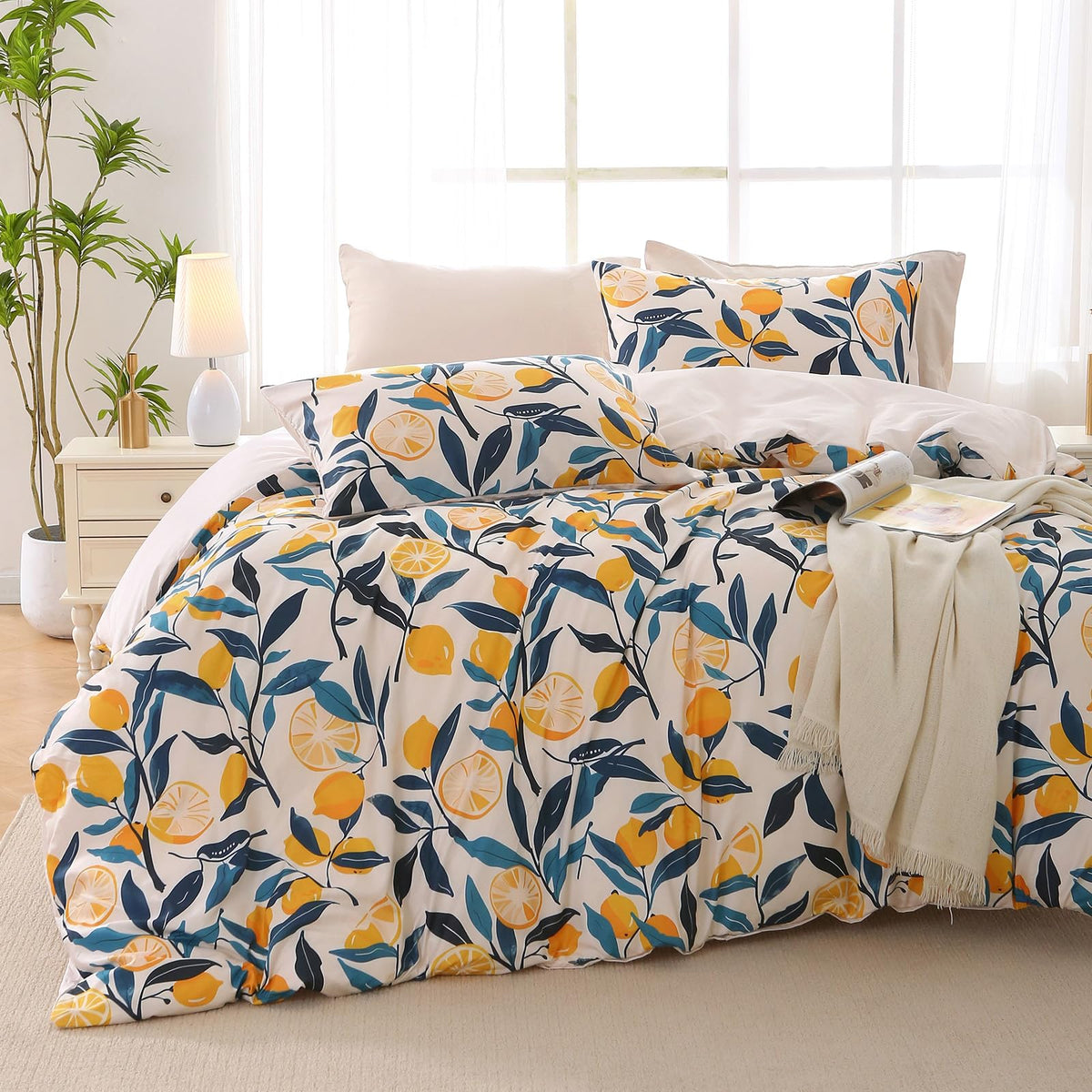 MUXHOMO Duvet Cover King Size, 3-Piece Floral Grey-Blue Bedding Set