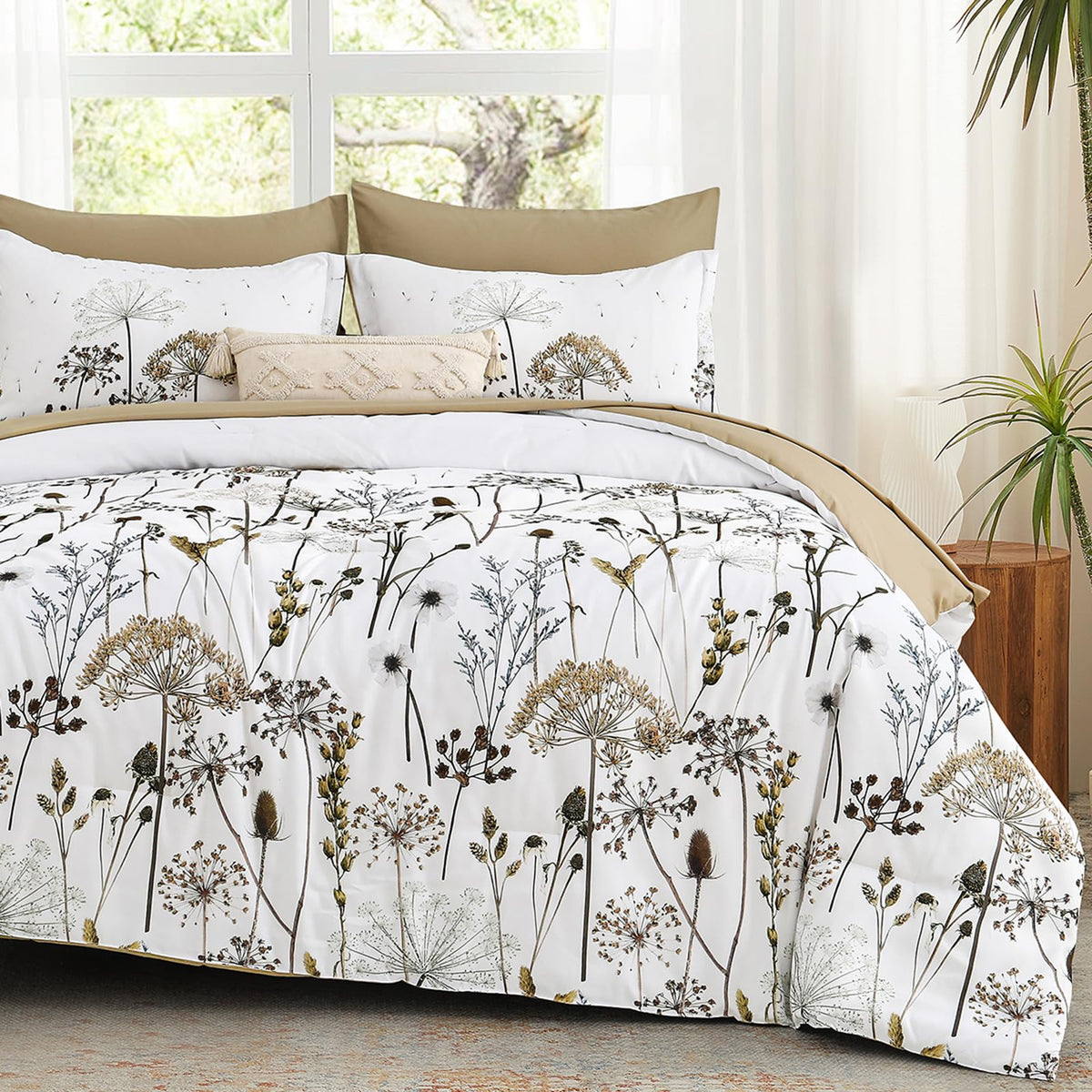 Yiran Queen Comforter Set, 7 Piece Floral Dark Green Dandelion Bed in a Bag