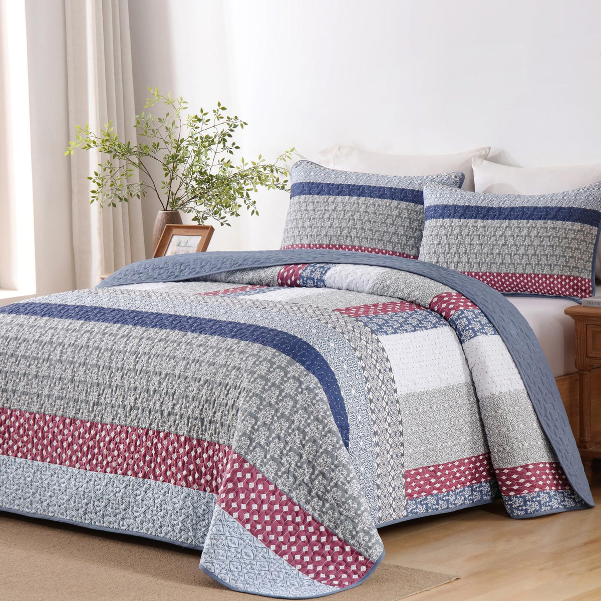 WONGS BEDDING Grey Queen Size Quilt Set, Boho Striped Bedspread