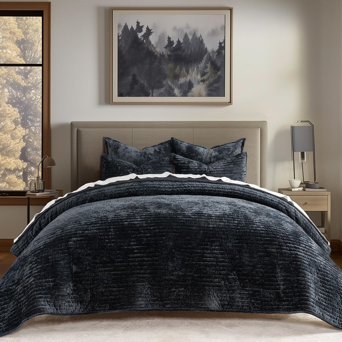 EverGrace Stripe Channel Luxury Velvet Quilt Set King Size, Beige Taupe