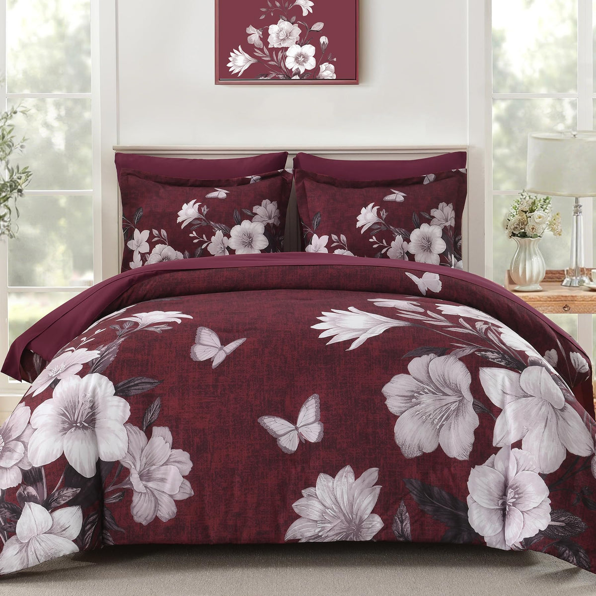 DHSFKBE Floral Comforter Set Queen Size,7 Piece Orange Bed in a Bag, Elegant Flower Pattern Comforter Set with Sheet, Soft Microfiber Complete Bedding Sets for All Season
