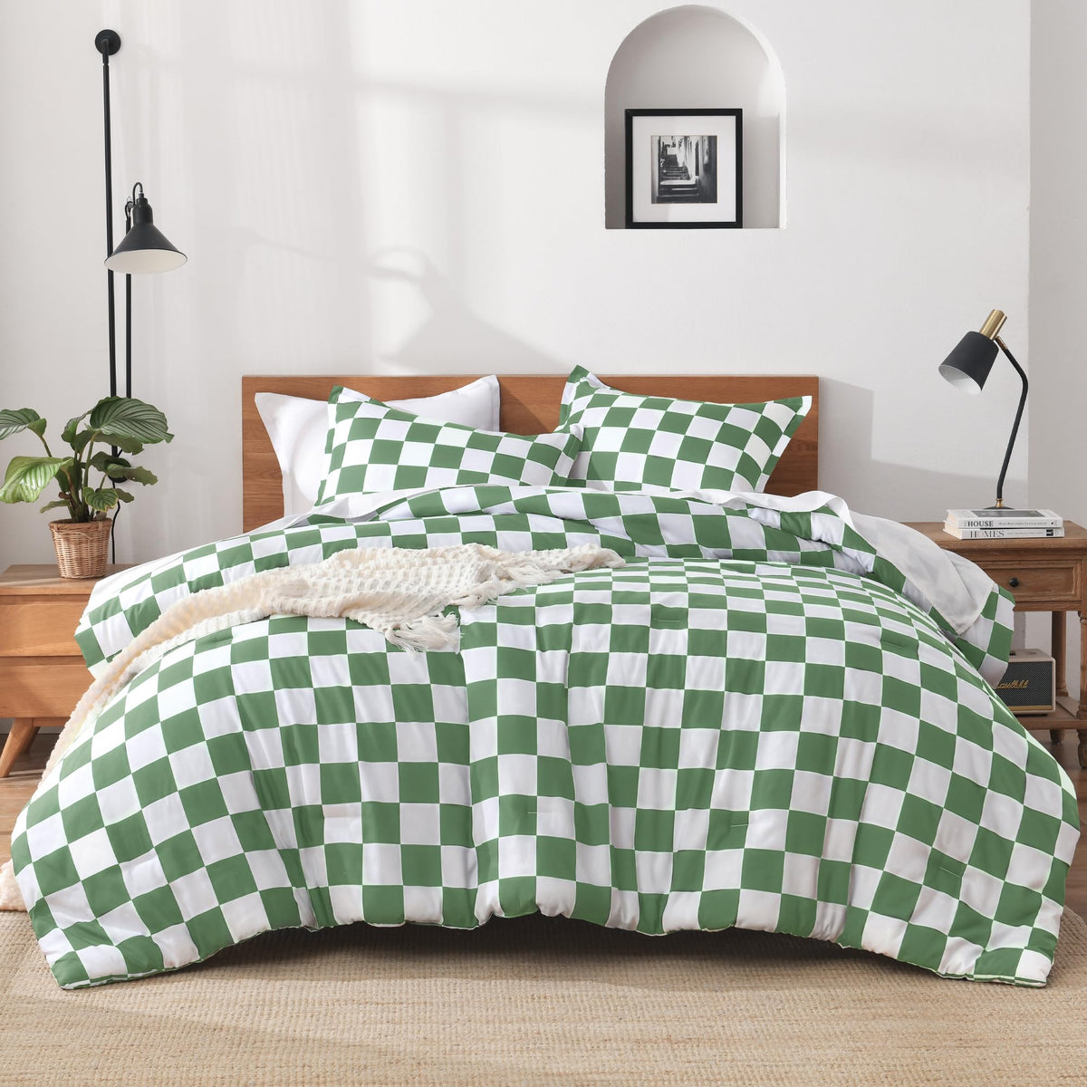 Andency Tan Gingham Comforter Set Twin, Brown Checkered Grid Plaid Bedding