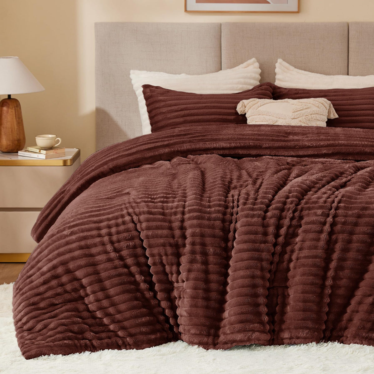 BEDELITE Fleece Queen Comforter Set, Fluffy Bed Set, Pink