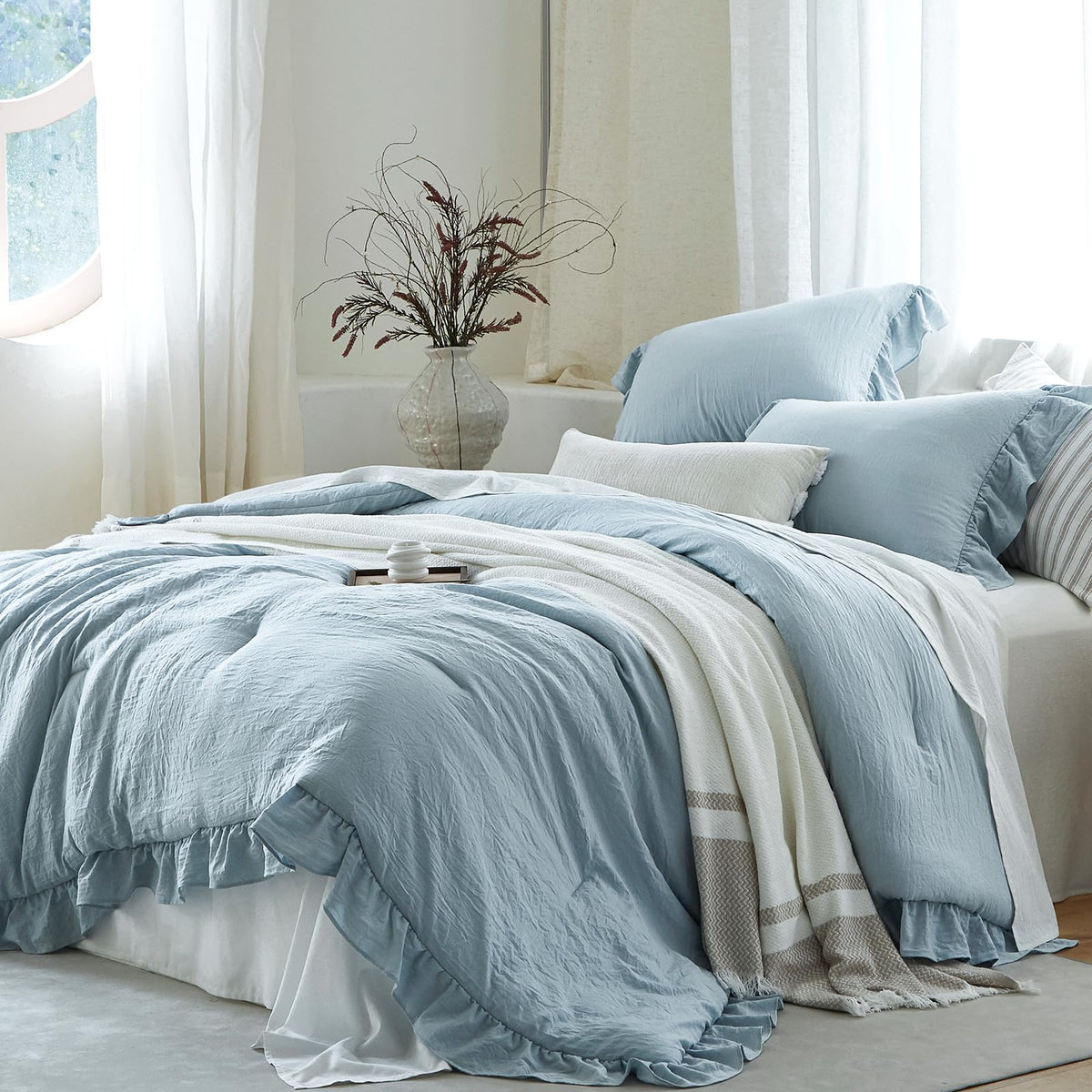 Sage Green Ruffle 3 Pieces Comforter Queen Shabby Chic Bedding
