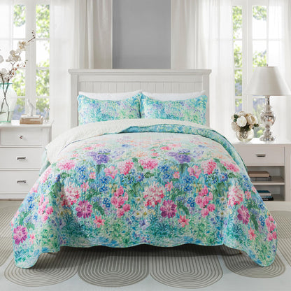 Travan 3-Piece Quilt Set Quilted Bedspread Lightweight Coverlet Set Garden Style Floral Printed Oversized Quilted Bedding Set with Shams for All Season, Exquisite, King Size