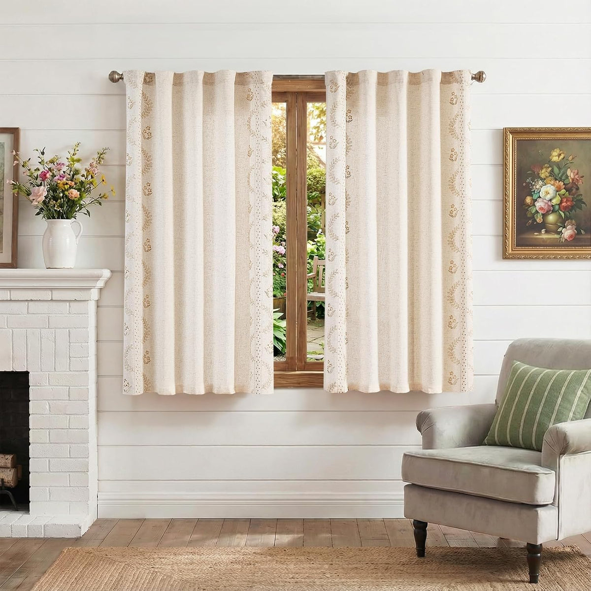 jinchan Beige Floral Linen Kitchen Tier Curtains 50x45 Inch 2 Panels