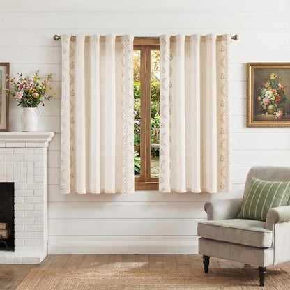 jinchan Beige Floral Linen Kitchen Tier Curtains 50x45 Inch 2 Panels